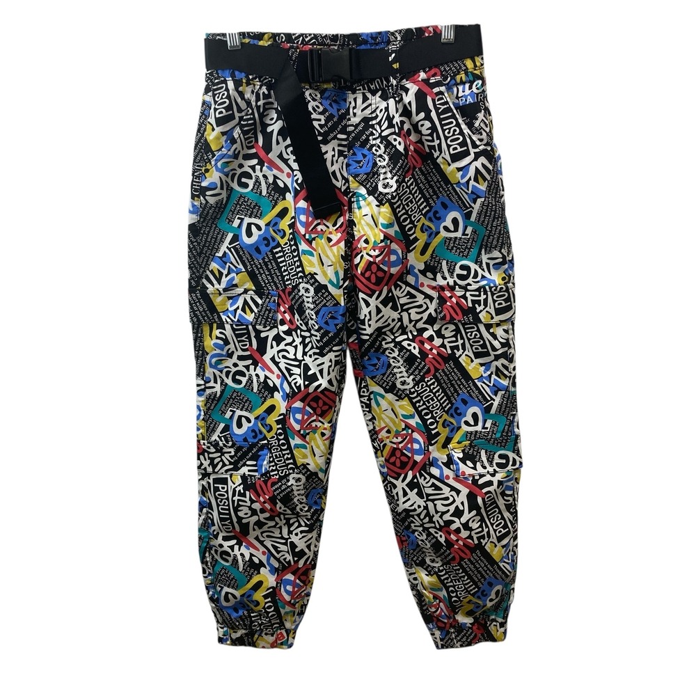 Teen Size 11/30 Graphic Print Cargo Pants with Belt Abstract Graffiti Pattern